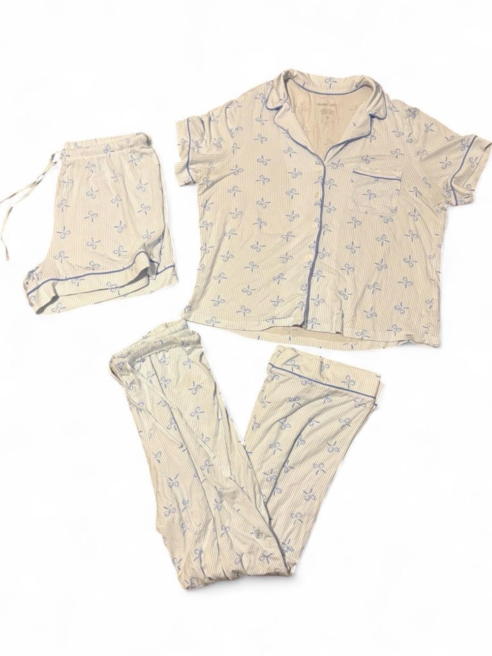 Shabby Chic Bow Print Pajama Set 3pc Large Short Sleeve Top Shorts Pants Blue L